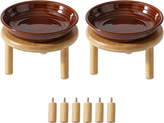 Havniva Elevated Cat Bowls Raised Ceramic Cat Bowl, 5.7” Wide Opening Cat Food Bowl Whisker Friendly Cat Dish Anti-Slip with Bamboo Stand, Shallow Pet Food & Water Bowl for Indoor Cats