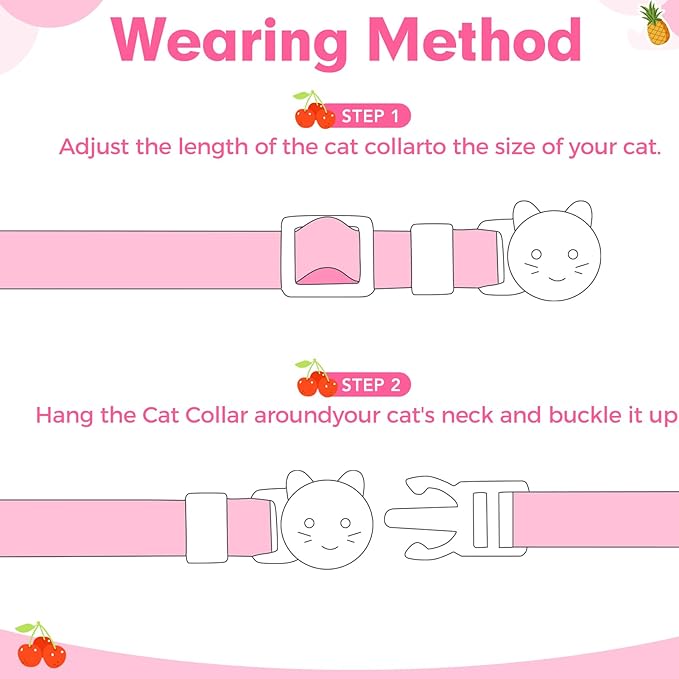BINGPET Breakaway Cat Collar with Bell, 3 Pack Cat Collars for Girl Cats, Cute Kitty Collars Accessories with Pineapple & Cherry & Strawberry