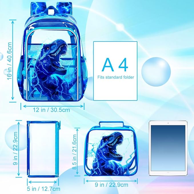 KLFVB 3PCS Clear Backpack for Girls and Boys, Kids See Through Backpacks Stadium Approved, Transparent Bookbag for Elementary