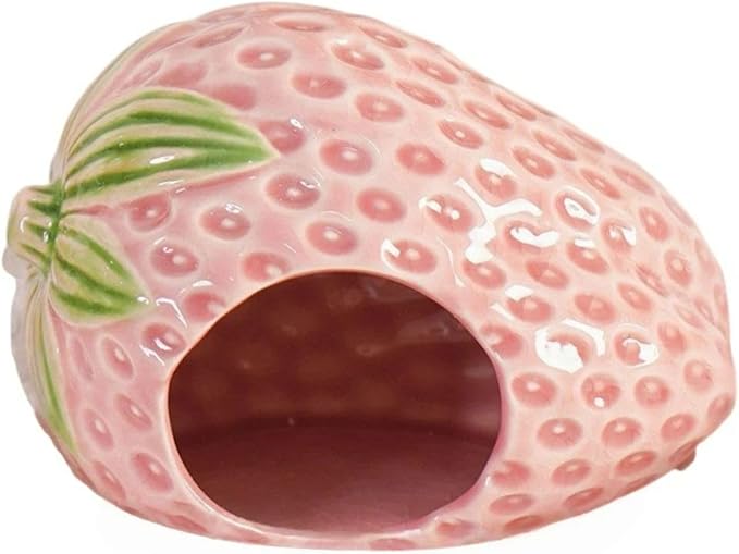 Strawberry Ceramic Hamster Hideout, Summer Cool Cave for Small Pets, Chew Resistant & Easy Clean Hamster House, Decorative Hideaway for Syrian Dwarf Hamsters, Mice (Strawberry - Pink)