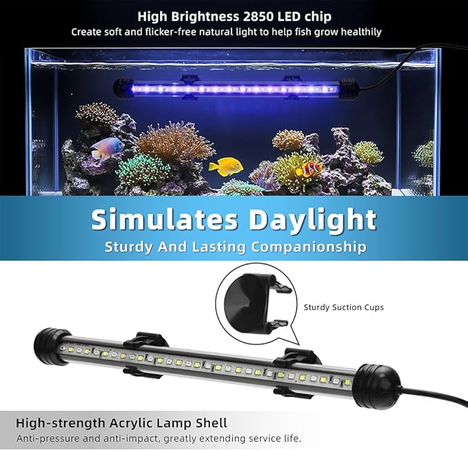 LED Submersible Aquarium Light 4W Underwater Fish Tank Light with Blue White&Blue and White Three Light Modes Timer Automatic On/Off and Dimmer Brightness Adjustable (7.5inch)