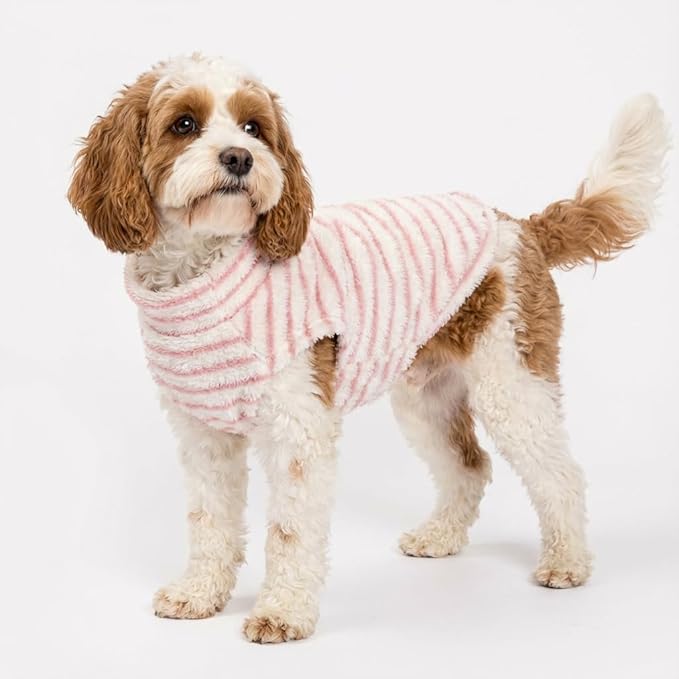 Fitwarm 2 Pack Striped Fleece Dog Sweater, Warm Winter Dog Clothes for Small Dogs Girl, Fuzzy Turtleneck Pet Outfit, Doggy Pullover Jumper, Rose Pink, White, Light Pink, Medium