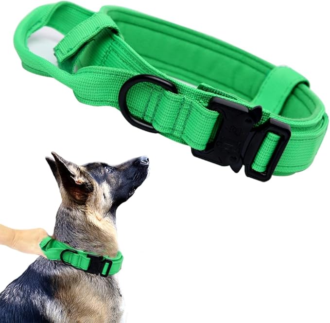 Xqpetlihai Tactical Dog Collar - Military Dog Collar - Adjustable Nylon - Heavy Duty Metal Buckle with Handle - Bright Green, Large, Medium