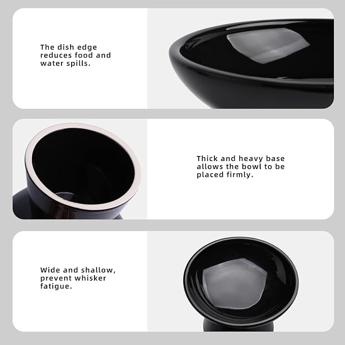 6.2 Inch Extra Wide Elevated Ceramic Cat Bowls, Food and Water Bowl Set for Elder Big Cats Small Dogs, Raised Design for Pet Easy Eating, Protect Cat's Spine Set of 2(Black)