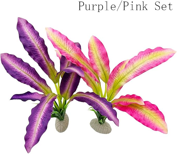 2pcs Set Green Artificial Plant Fish Tank Decor Aquarium Decorations Betta Leaf pad Hammock 8inch Silk/Plastic Plant Goldfish Fish Bowl Small Tank Plants (Purple/Pink-2pcs-Set)