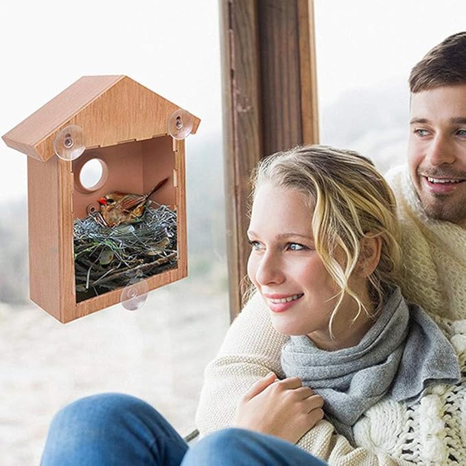 Outdoor Wooden DIY Bird Nest Cage Bird Feeder with Suction Cup Window Decorations