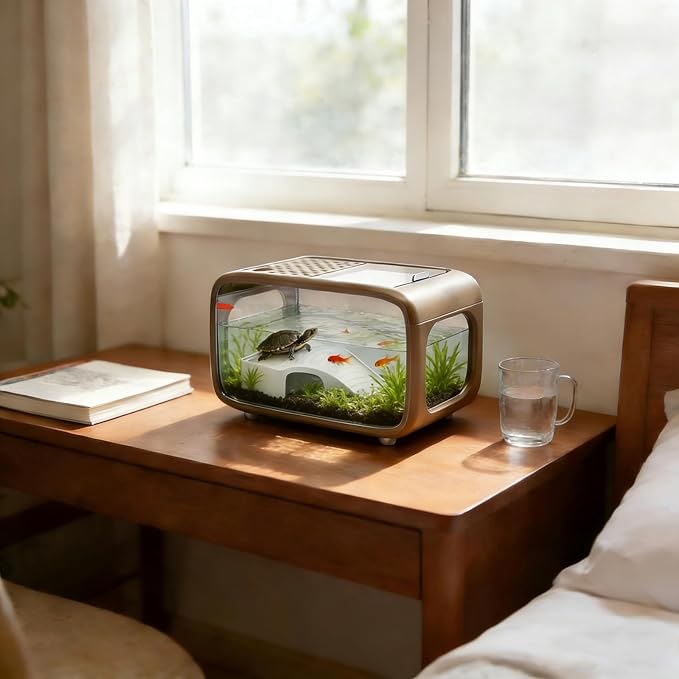 Desktop Fish Tank 3.17 Gal, HIPS + AS Aquarium Kit with Built-in Climbing Frame & Top Feeding Hole, Easy Clean Small Fish Bowl for Betta Guppy Shrimp, Modern Home Office Desk Decor Brown