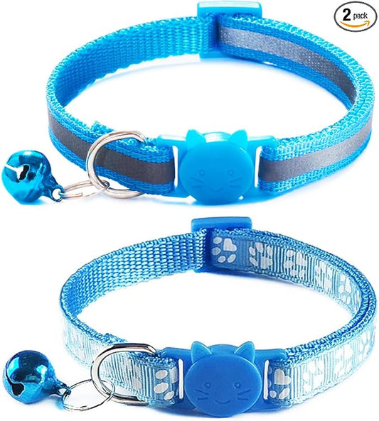 Reflective Cat Collar Breakaway with Bells, 2 Pack Pet Cat Collar Adjustable 7.5-12.5 Inch (Sky Blue)