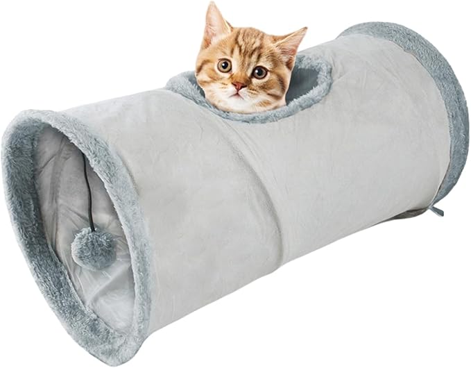 Cat Tunnel,Indoor Cat Play Tube Toys with Play Ball,Durable Collapsible Rabbit Hideaway Tunnel for Kitten,Bunny, Guinea Pig, Rat, Hamster, Ferret, Chinchilla (Grey)
