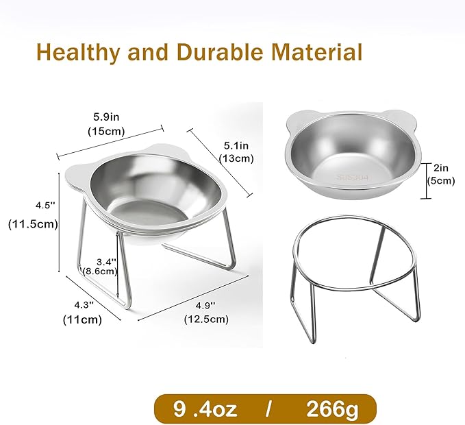 Elevated Cat Bowls, 15°Tilted Stand Whisker Friendly Raised Cat Food & Water Dishes, 5.9 inch Stainless Steel Indoor Anti-Vomiting Small Dog Bowls,Dishwasher Safe,Spine Friendly
