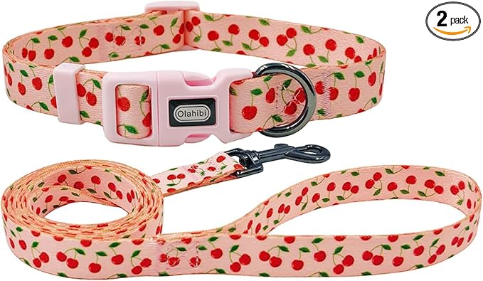 Dog Collar and Leash Set, Cute Cherry Pattern, Polyester Material, 5ft Leash, for Medium Dogs.(Medium,Pink Cherry)