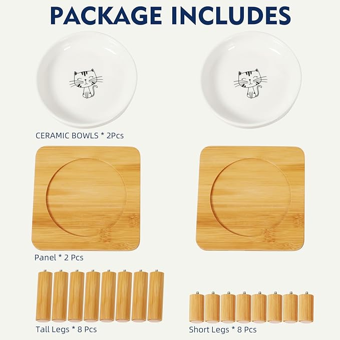 DoogCat Elevated Cat Bowls for Indoor Cats – Raised Bamboo Cat Bowl Stand with 5.75 Inch Wide Ceramic Dishes, Pet Food Plate Table for Easy Feeding, Whisker Friendly(White,Set of 2)