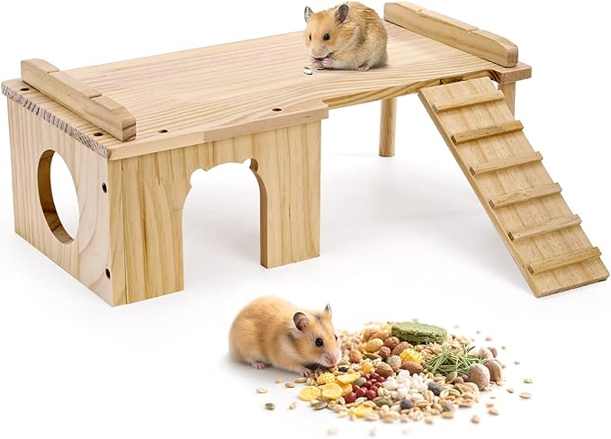 Hacaroa Wooden Hamster Hideout with Ladder, Large Hamster Platform Guinea Pig Hide Play House, Small Animals Climbing Toy Chinchillas Cage Accessories for Syrian Hamsters, Rats, Gerbils