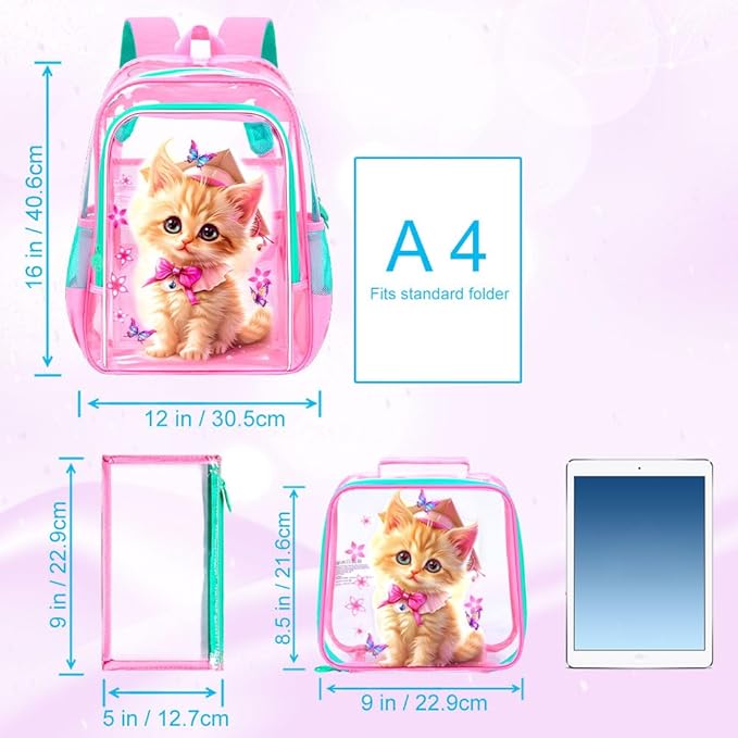 AGSDON 3PCS Clear Backpack for Girls,16" Transparent Bookbag Heavy Duty, Cute See Through Backpacks with Lunch Bag - Pink Cat