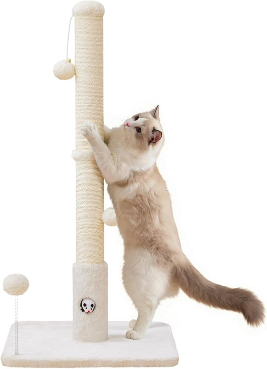 Woochpet Cat Scratching Posts 33" for Adults Cats, Cat Scratcher with Soft Fabric Covering Base and Durable Sisal Rope, Scratcher with Fun Mouse Hole and Cat Toy for Tall Cats (White)