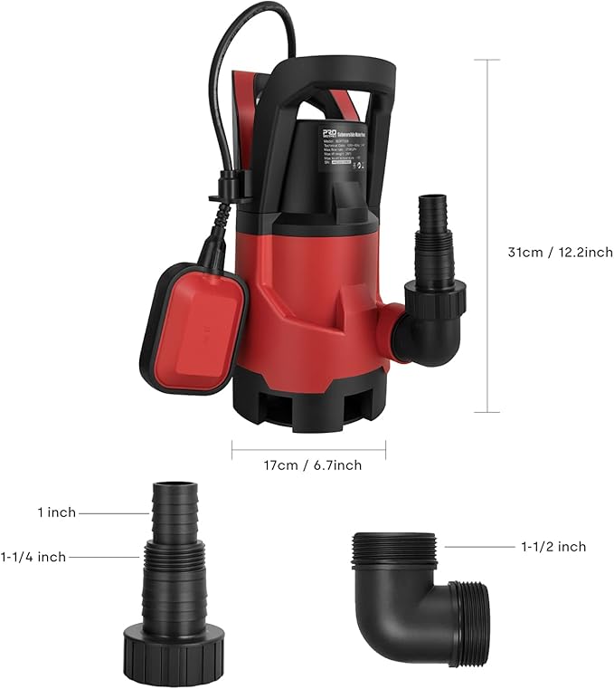 Sump Pump,1HP Submersible Electric Water Pump with 3700GPH Automatic Float Switch for Pool Draining Hot Tub Flood Drain and Irrigation Red