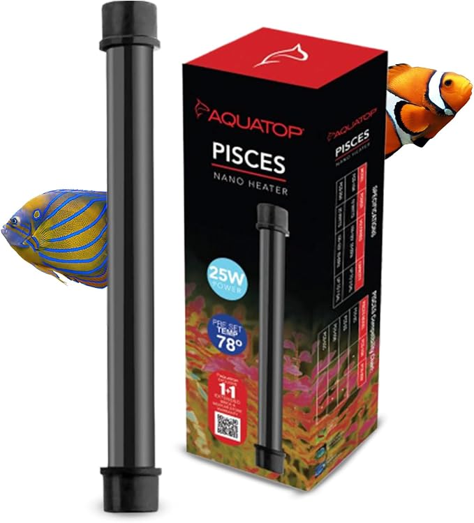 Aquatop 25W Pisces Nano Heater – Fully Submersible for Nano Fish Tanks Up to 8 Gal – Preset 78°F – Heat-Resistant Water Heater for Small Aquariums