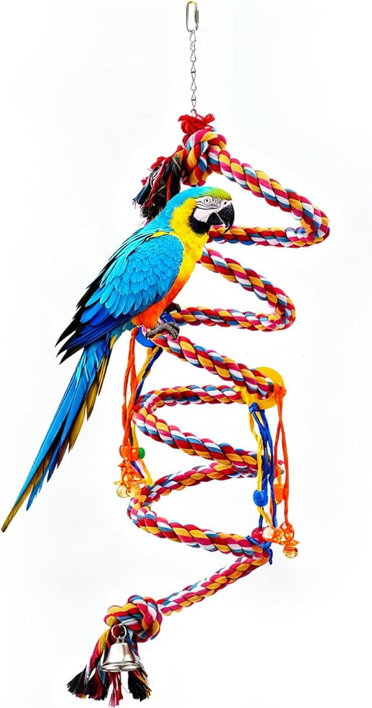110" Extra Long Bird Rope Perch, 2.4 lb Heavy Duty Cotton Climbing Rope Toy with Bell, Flexible Bungee Swing for Large Parrots Macaw African Grey Cockatoo