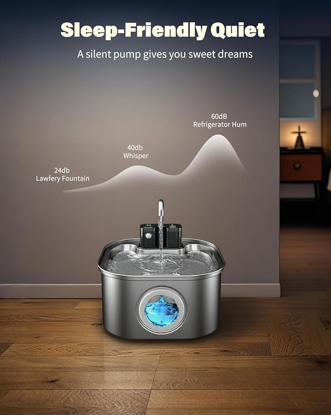 Lawfery Wireless Cat Water Fountain Stainless Steel with 4 Filters & 4 Sponges, 3.2L/108oz Battery Operated Pet Fountain, Cordless Pet Water Dispenser for Cats and Dogs