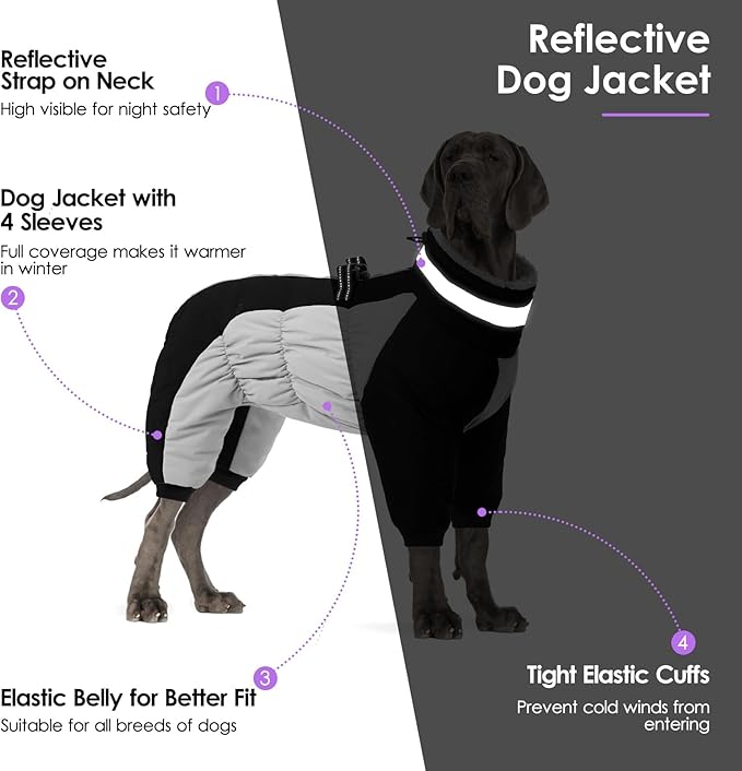 Full Body Dog Coat - Warm Fleece Jacket for Large Dogs, Turtleneck Winter Coats with Harness, Reflective Windproof Dog Snowsuit with Legs for Labrador,Golden Retriever, Black 2XL