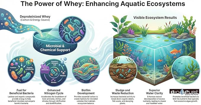 Bio-Pure Pond & Aquarium is (Whey) Better. Ask Rufus: Why is Bio-Pure with (DPW) Better? – 50/50 Dual-Action for Water Clarity + Bottom Waste/Sludge - Treats up to 7,000 gal. (Microbe Nutrition)