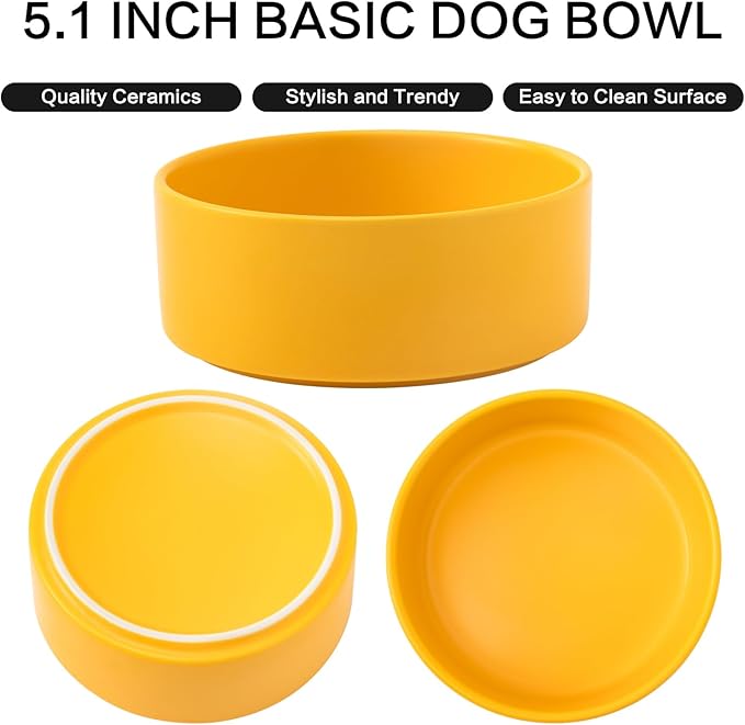 Ceramic Set of 2 Dog and Cat Bowls - Classic Food & Water Bowl for Kitty, Cats and Toy Breed Dogs, Dog Dishes, Food Grade Pet Bowl, Dishwasher & Microwave Safe (5.1'', 2 * 16OZ, Yellow)