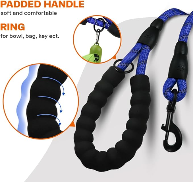 Taglory Rope Dog Leash 6 FT with Comfortable Padded Handle, Highly Reflective Threads Leash and Anti-Tangle Clip for Walking Medium Large Dogs, 1/2 inch, Navyblue