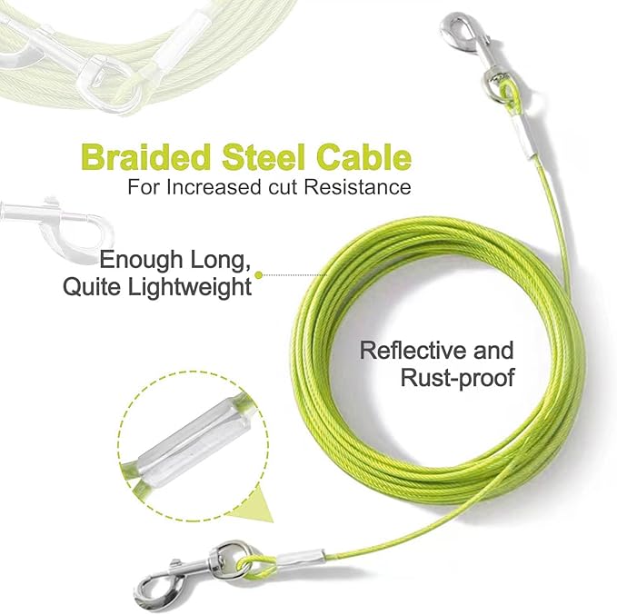 Tie Out Cable for Dogs,10/20/30/50/100FT Dog Leads for Yard Chew Proof,Heavy Duty Tie Out Cable for Large Dogs Up to 125lbs,Dog Runner Tether (Green, 125Ibs 30ft)
