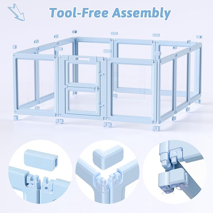 DIY Clear Acrylic Dog Playpen House,Quick Easy Assembly and Disassembly,Strong Floor Suction,Indoor and Outdoor Use,Easy Cleansing Puppy Fence (Sky Blue, 23.6" H, 12PCS)