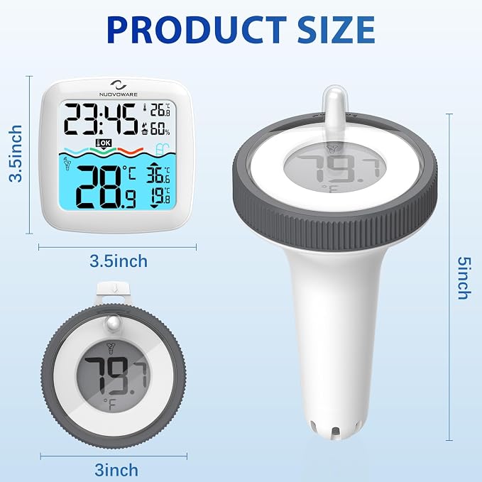 Nuovoware Digital Floating Pool Thermometer, Easy Read Screen Display | Wireless Thermometer, Remote Water IPX8 Waterproof for Swimming Pools, Fish Tank, Hot Tub