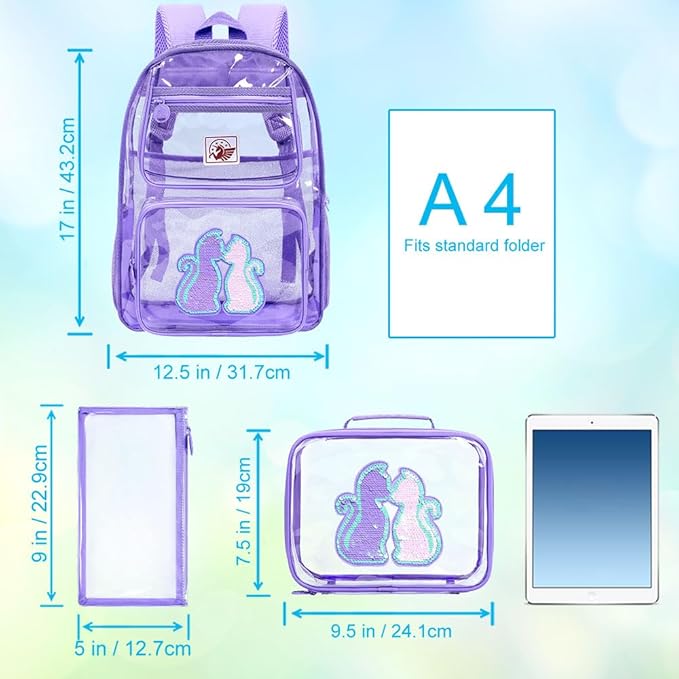 AGSDON 3PCS Clear Backpack for Girls, Kids Cat Transparent Backpack with Heavy Duty PVC, See Through Backpacks with Lunch Bag-Purple