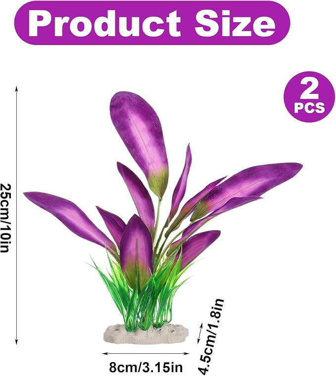 DIVINA VITAE Silk Aquarium Plants,Artificial Aquatic Water Grass Decoration | 2Pcs, for Betta Fish Tank, 10 Inch Tall, Purple