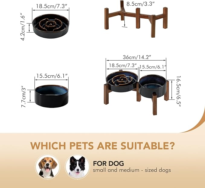 Havniva Elevated Slow Feeder Dog Bowls, 1.2 Cups/7.3 inch Slow Feeders + 6.1 inch Ceramic Dog Food & Water Bowls Set with Acacia Wood Stand Puzzle Bowls for Fast Eater, Small Dogs Anti-Choking