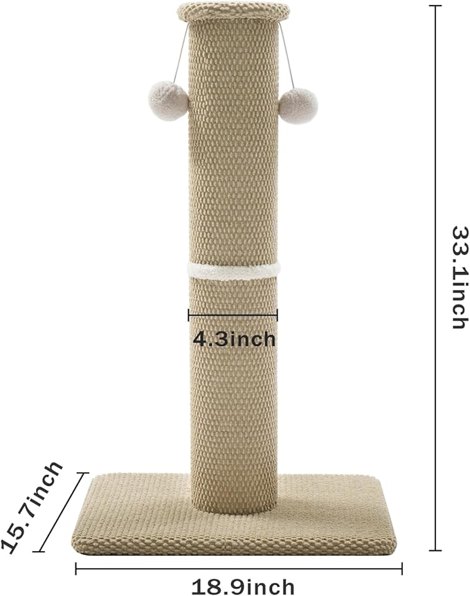 Made4Pets Tall Cat Scratching Post, 33" Modern Cat Scratcher with Hanging Balls, Heavy Duty and Thicker Scratching Post for Indoor Cats Adults, Sturdy Base Cat Scratch Post, Beige
