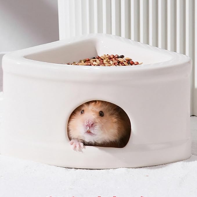 Ceramic Hamster Hideout House - Multifunctional Small Pet Cave with Feeding Bowl, Durable Habitat for Hamsters, Gerbils, Mice, Lemmings, All-Season Pet Bed & Hideaway (B)