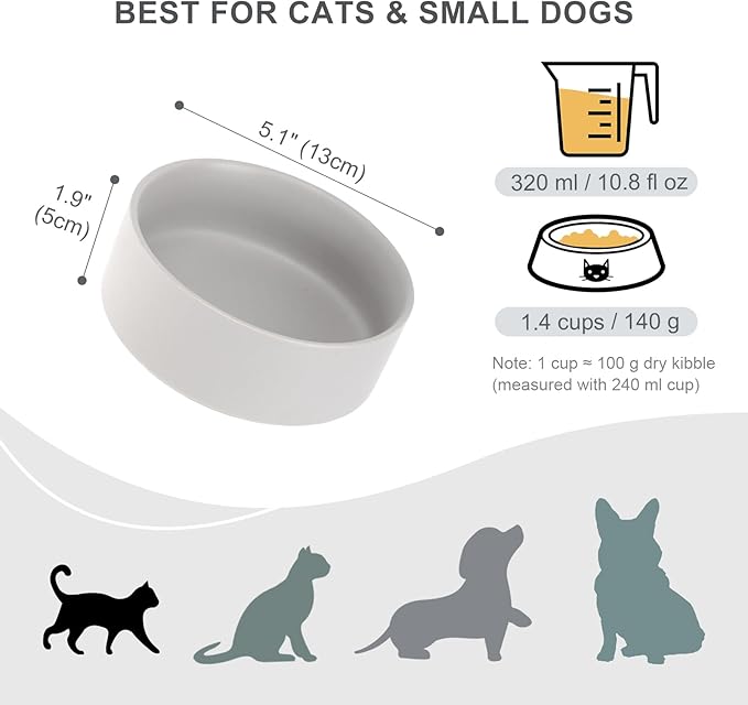 Ceramic Dog Bowl for Food and Water - Pet Feeder Bowl for Small Dogs and Cats - Heavy Ceramic Feeding Dish with Non Slip Base - Dishwasher & Microwave Safe - 5 Inch - 1.4  Cups - Gray