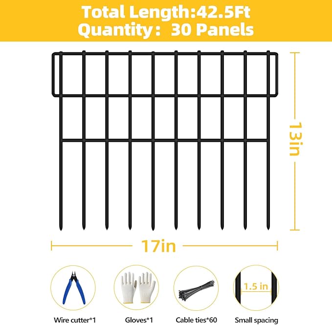 ULIOK 30 Panels Garden Fence Animal Barrier, Animal Barrier Fences No Dig Fence, 42.5ft(L) x 13in(H) Dog Fencing Rabbit Fences, 1.5in Spike Spacing Rustproof Metal Fences Border for Outdoor Yard