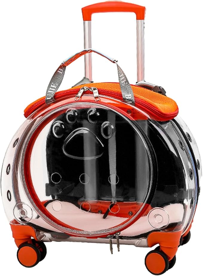 Cat Carrier with Silent Wheels Telescopic Handle, Transparent Bubble Cat Carrier, Pet Trolley Case with Clear Ventilation Holes, Portable Cats Dogs Backpack, Pet Rolling Carrier Bag for Hiki