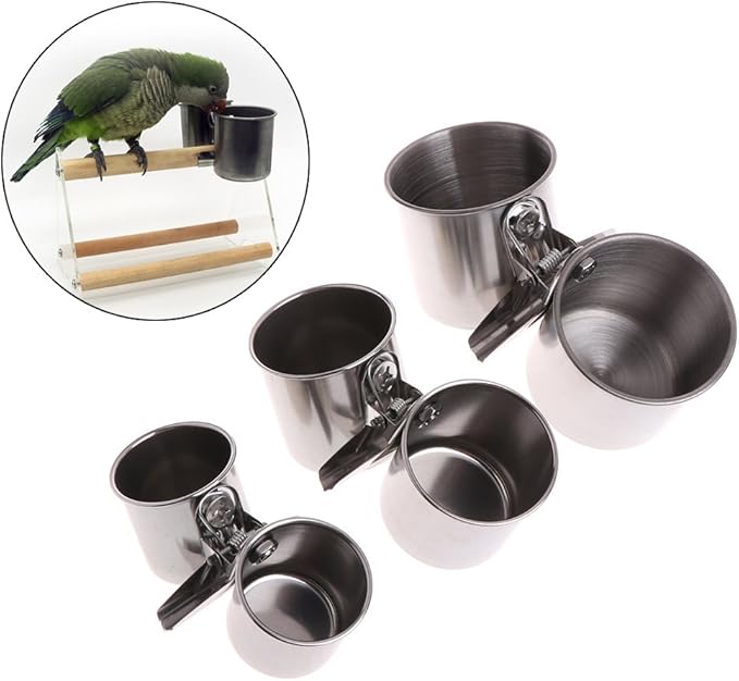 Bird Cage,Birdcage Bird Water Feeder Dishes Food Bowl for Cage Coop Cups Clip on Perches Parrot Stainless Steel Birdcage Bowls with Clamp