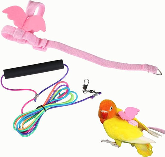 Pet Parrot Bird Harness and Leash, Adjustable Training Design Anti-Bite, Bird Nylon Rope with Cute Wing and Colorful Leash for Parrots Lovebird Cockatiel Conure Budgie (Pink with 393.7inch Leash,L)