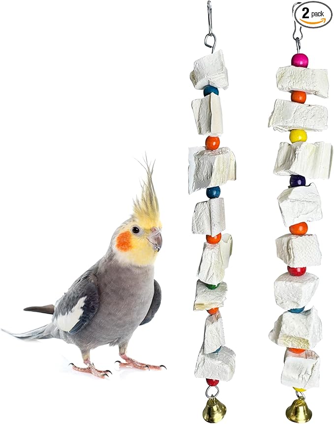 Hamiledyi 2 Pack Bird Toys with Eight Cuttlebone - Natural Calcium Chew Toy for Beak Grinding, Hanging Wooden Cage Accessories for Parakeets, Budgies, Cockatiels, Lovebirds(Style B)