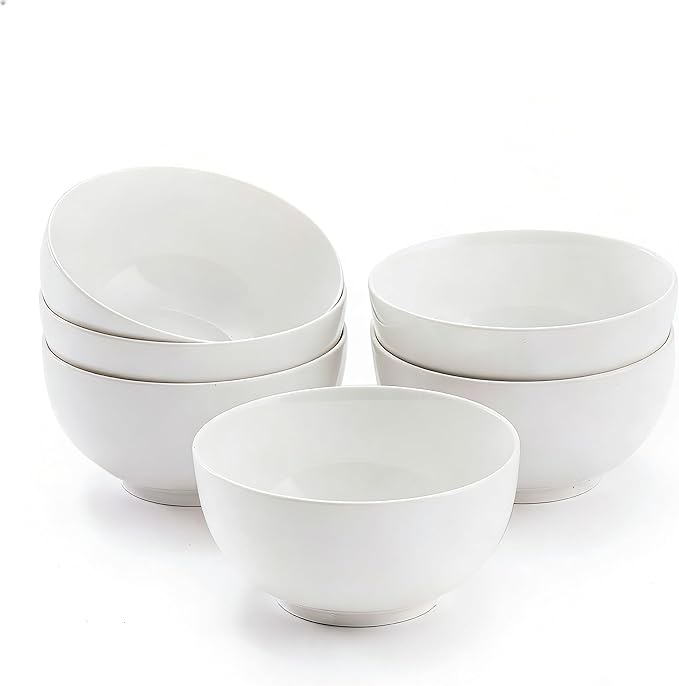 AntoKueh Large 6-Inch Ceramic Bowls Set of 6, 26oz Deep Porcelain Bowls for Cereal, Salad, Noodles - Dishwasher & Microwave Safe, White