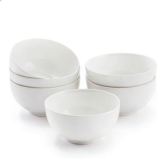 AntoKueh Large 6-Inch Ceramic Bowls Set of 6, 26oz Deep Porcelain Bowls for Cereal, Salad, Noodles - Dishwasher & Microwave Safe, White