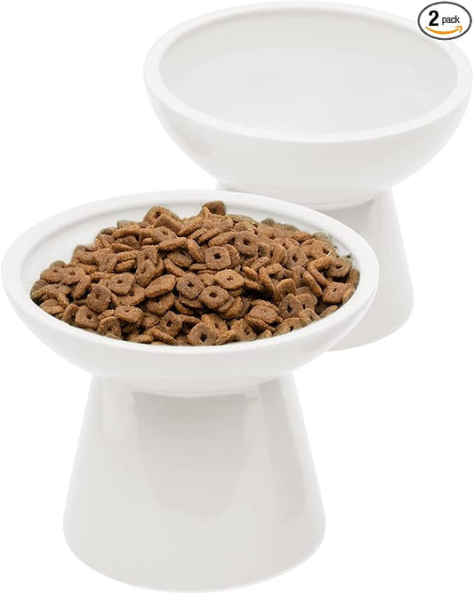 CEEFU 2 Elevated Ceramic Cat Bowls Extra Wide for Food & Water – Whisker Fatigue Shallow Food Dish, Lead & Cadmium-Free, Raised Height for Cats and Dogs, Two Different Depth Bowls, White