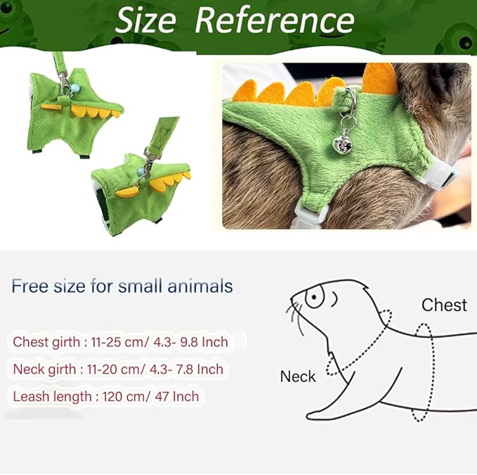 Ferret Harness and Leash Set Small Animals Vest Harness with Safe bell Dinosaur Shaped Walking clothes for Baby Rabbit Guinea pig Teacup Chihuahua Mouse and other small pet(Green Dinosaur)