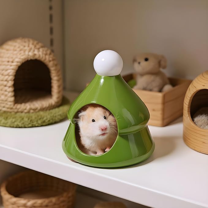Ceramic Hamster Hideouts, Pine Tree Shaped Cave, Waterproof Habitat House, Cozy Bed Design, Sturdy Pet Shelter, Ideal for Chinchilla, Squirrel, Hedgehog, Hamster, 5.51x5.51x6.3 Inches