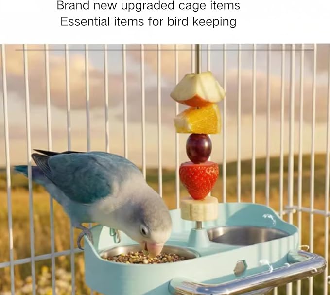 Bird Feeder Birds Bowls Stainless Steel Dishes Coop Cups with Fruit Skewer, Parrot Feeding Dish Cups Food Water Bowls with Bird Food Holder for Budgies Lovebirds (Blue,Oval)