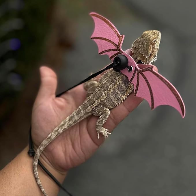 Dinosaur Wing Leash Harness for Bearded Dragons - 3-Size Adjustable Reptile Harness Set, Safe Escape-Proof Design for Lizards, Geckos, Iguanas & Small Pets (Pink)