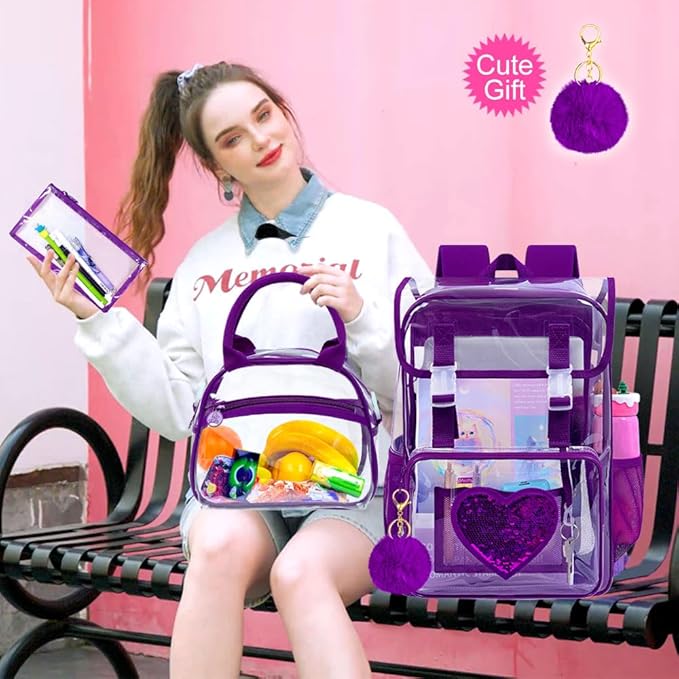 17" Sequin Clear Backpack for Girls - 3Pcs School Flip Design Stadium Approved Set, Waterproof Campus Transparent Bookbag (Purple)