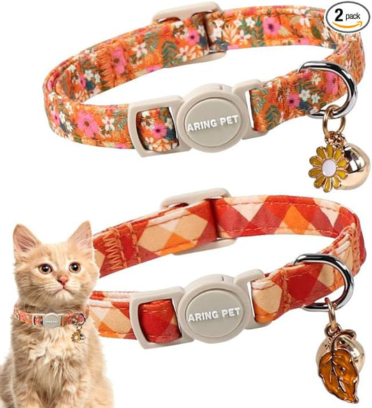 ARING PET 2 Pack Cat Collars, Breakaway Cotton Fall Halloween Kitten Collar with Bells for Girl Boy Cats Floral & Orange Plaid